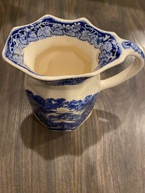 Mason Blue and White Ceramic Pitcher with Transfer Pattern
